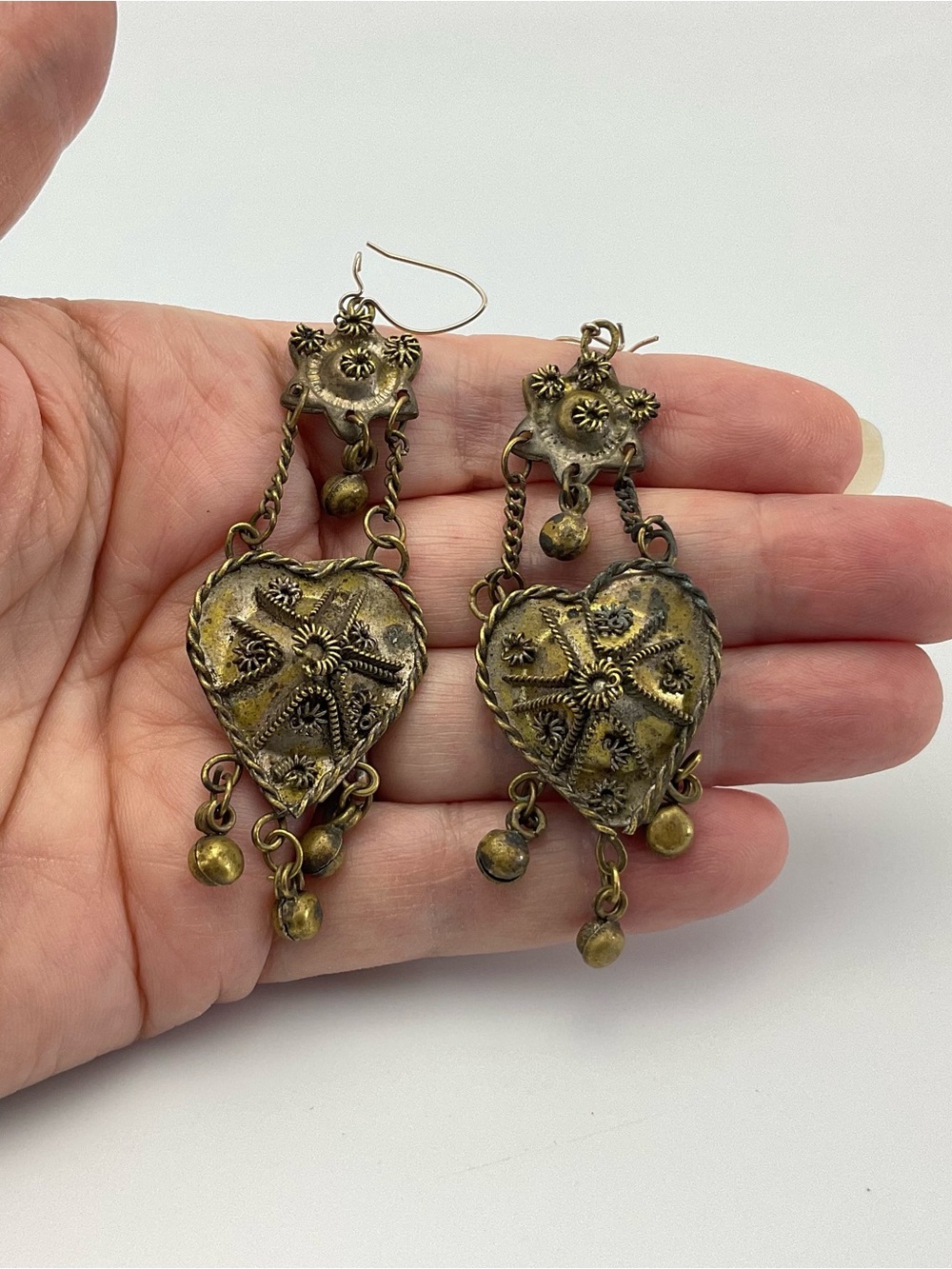 Vintage Heart & Star Chandelier Earrings, Brass, India, BoHo Festival - Picture 6 of 9